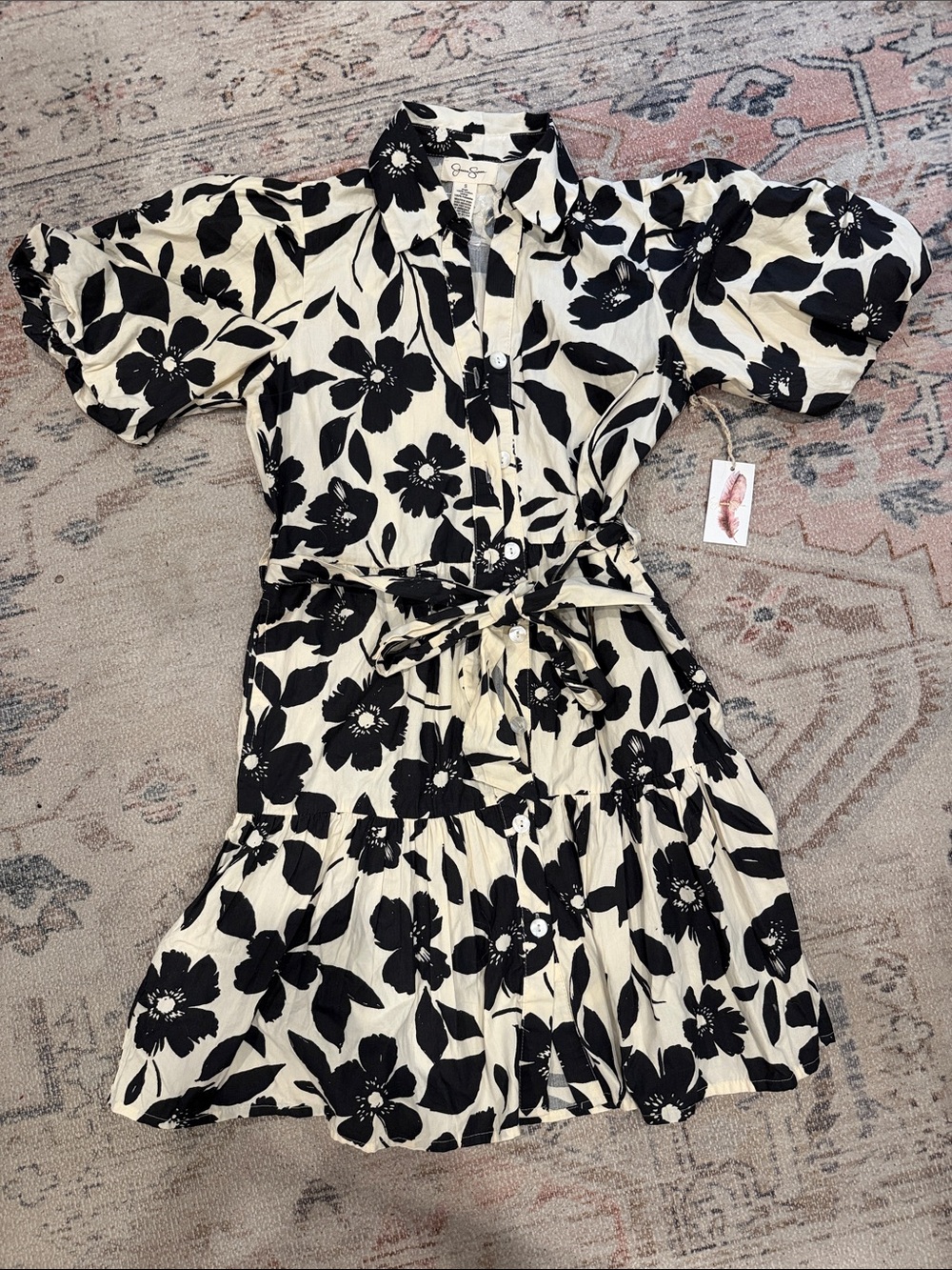 Black & Cream Floral Button-Front Puff Sleeve, Shirt Dress